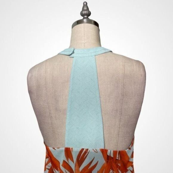 H&M Chiffon Halter Tank Top Tropical Palm Leaf Print Aqua Orange 6 Small - Picture 5 of 10